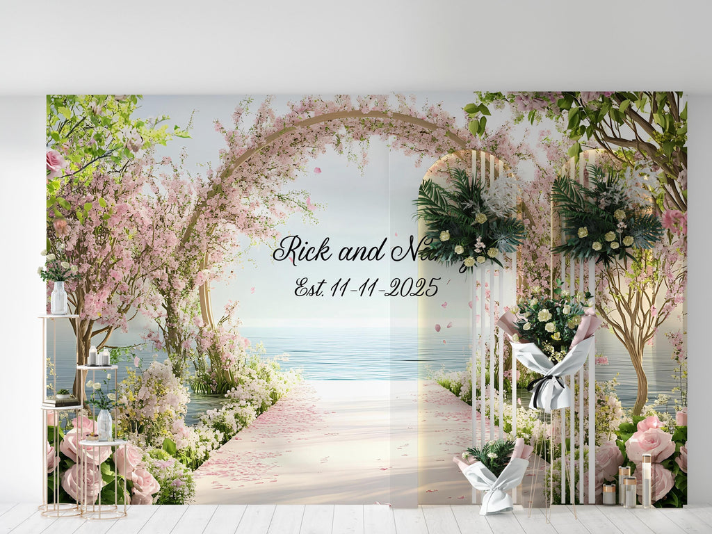 Cherry Blossom Wedding Mural | Custom Names & Date Wall Art | Romantic Ocean View Backdrop | Personalized Wedding Gift Decor