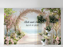 Load image into Gallery viewer, Cherry Blossom Wedding Mural | Custom Names &amp; Date Wall Art | Romantic Ocean View Backdrop | Personalized Wedding Gift Decor