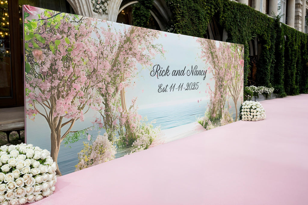 Cherry Blossom Wedding Mural | Custom Names & Date Wall Art | Romantic Ocean View Backdrop | Personalized Wedding Gift Decor