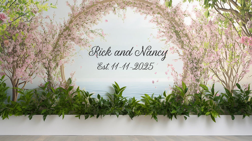 Cherry Blossom Wedding Mural | Custom Names & Date Wall Art | Romantic Ocean View Backdrop | Personalized Wedding Gift Decor
