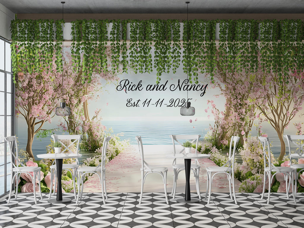 Cherry Blossom Wedding Mural | Custom Names & Date Wall Art | Romantic Ocean View Backdrop | Personalized Wedding Gift Decor