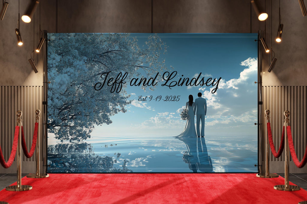 Custom Wedding Backdrop Mural | Names & Date Included | Romantic Couple Ocean Scene | Personalized Wedding Gift Wall Art