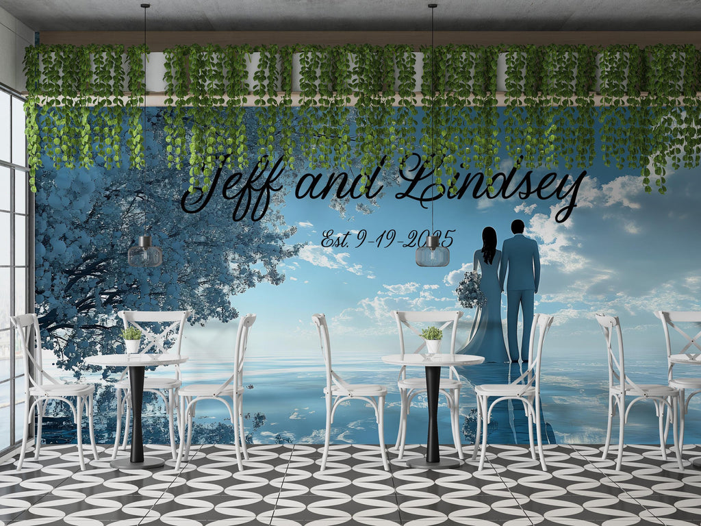 Custom Wedding Backdrop Mural | Names & Date Included | Romantic Couple Ocean Scene | Personalized Wedding Gift Wall Art