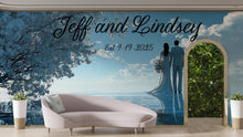 Load image into Gallery viewer, Custom Wedding Backdrop Mural | Names &amp; Date Included | Romantic Couple Ocean Scene | Personalized Wedding Gift Wall Art