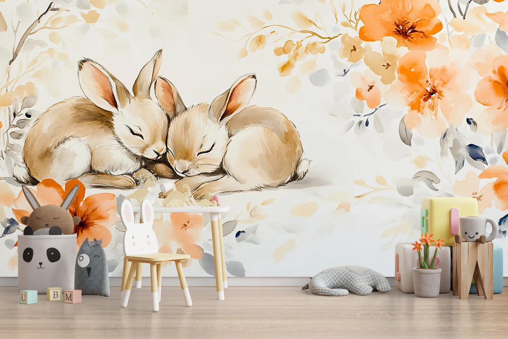 Sleeping Bunnies Nursery Wall Mural – Baby Room Decor – Floral Bunny Mural – Gender Neutral Playroom – Baby Shower Gift – Kids Room Art