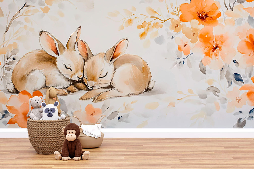 Sleeping Bunnies Nursery Wall Mural – Baby Room Decor – Floral Bunny Mural – Gender Neutral Playroom – Baby Shower Gift – Kids Room Art