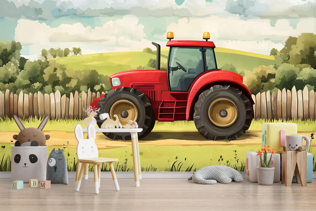 Red Tractor Nursery Wall Mural – Farm-Themed Baby Room Decor – Gender Neutral Playroom Art – Baby Shower Gift – Kids Room Wall Art