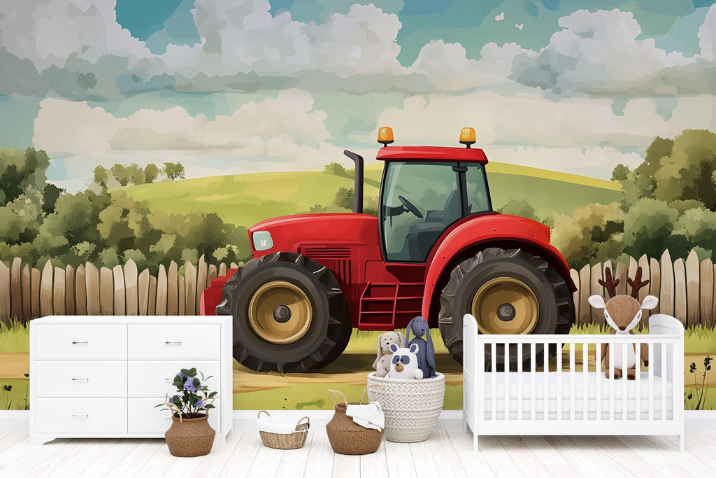 Red Tractor Nursery Wall Mural – Farm-Themed Baby Room Decor – Gender Neutral Playroom Art – Baby Shower Gift – Kids Room Wall Art