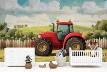 Load image into Gallery viewer, Red Tractor Nursery Wall Mural – Farm-Themed Baby Room Decor – Gender Neutral Playroom Art – Baby Shower Gift – Kids Room Wall Art