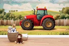 Load image into Gallery viewer, Red Tractor Nursery Wall Mural – Farm-Themed Baby Room Decor – Gender Neutral Playroom Art – Baby Shower Gift – Kids Room Wall Art