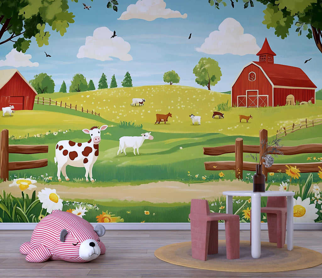 Farm Animal Nursery Wall Mural – Baby Room Decor – Gender Neutral Playroom Art – Baby Shower Gift – Kids Room Wall Art – Barnyard Mural