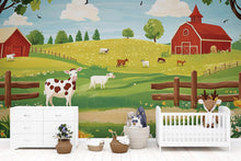 Load image into Gallery viewer, Farm Animal Nursery Wall Mural – Baby Room Decor – Gender Neutral Playroom Art – Baby Shower Gift – Kids Room Wall Art – Barnyard Mural