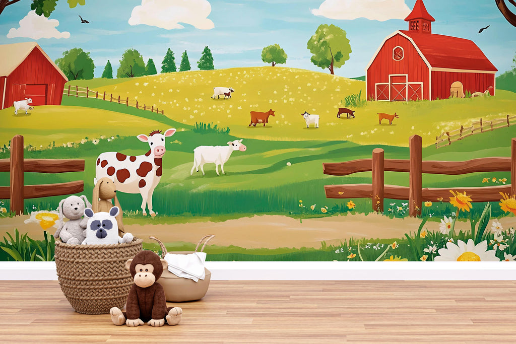 Farm Animal Nursery Wall Mural – Baby Room Decor – Gender Neutral Playroom Art – Baby Shower Gift – Kids Room Wall Art – Barnyard Mural