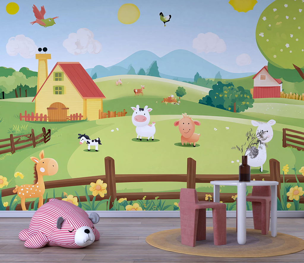 Pastel Farm Animal Nursery Wall Mural – Baby Room Decor – Gender Neutral Playroom – Baby Shower Gift – Kids Room Wall Art – Farm Friends
