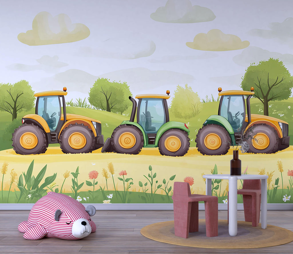 Colorful Tractors Nursery Wall Mural – Baby Room Decor – Gender Neutral Playroom Art – Baby Shower Gift – Kids Room Wall Art – Farm Vibes