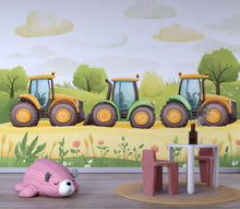 Load image into Gallery viewer, Colorful Tractors Nursery Wall Mural – Baby Room Decor – Gender Neutral Playroom Art – Baby Shower Gift – Kids Room Wall Art – Farm Vibes