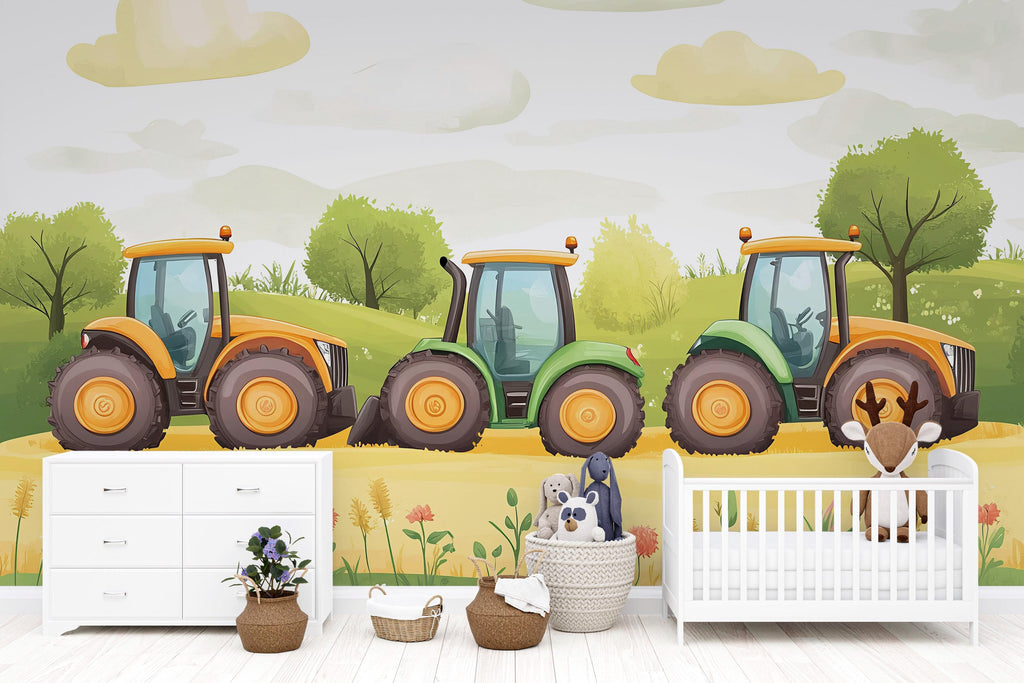 Colorful Tractors Nursery Wall Mural – Baby Room Decor – Gender Neutral Playroom Art – Baby Shower Gift – Kids Room Wall Art – Farm Vibes