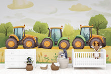 Load image into Gallery viewer, Colorful Tractors Nursery Wall Mural – Baby Room Decor – Gender Neutral Playroom Art – Baby Shower Gift – Kids Room Wall Art – Farm Vibes