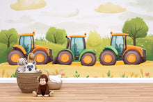 Load image into Gallery viewer, Colorful Tractors Nursery Wall Mural – Baby Room Decor – Gender Neutral Playroom Art – Baby Shower Gift – Kids Room Wall Art – Farm Vibes