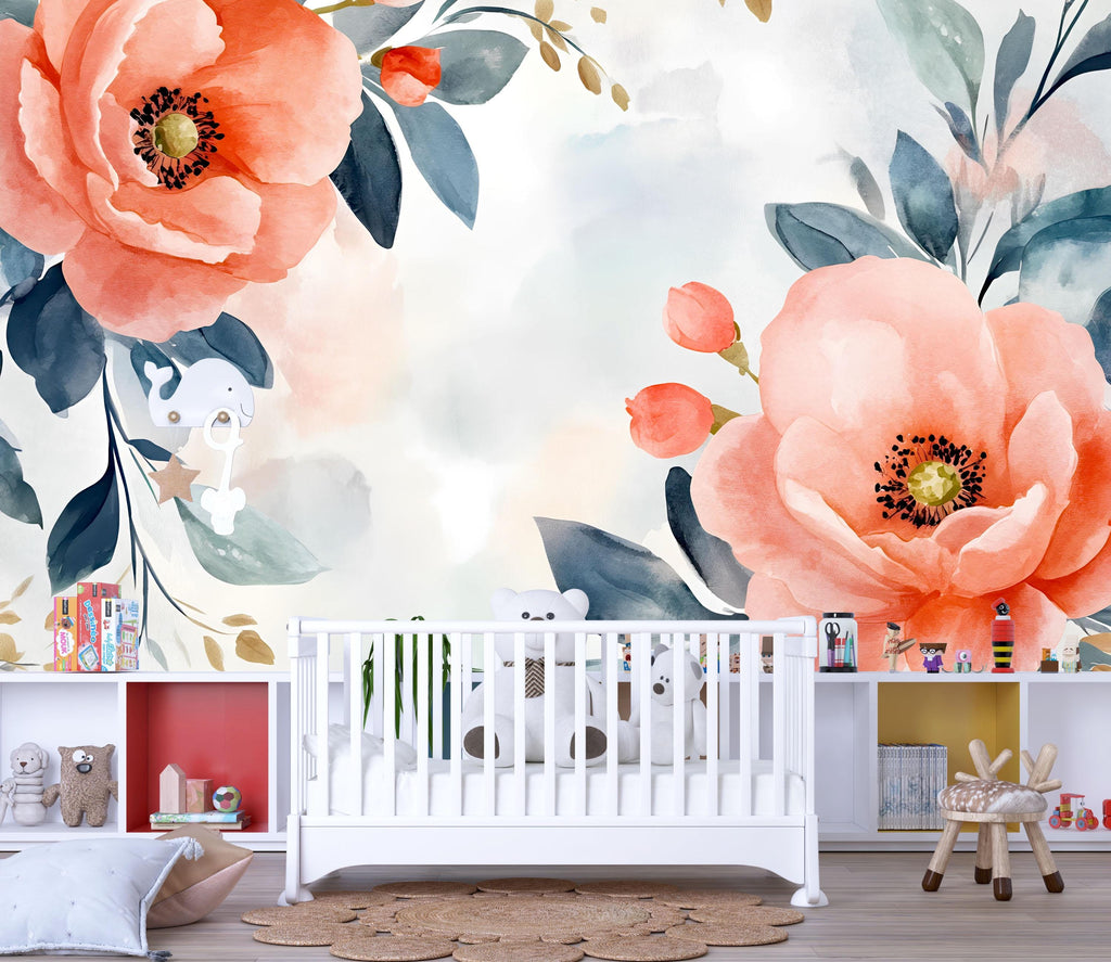 Watercolor Floral Nursery Wall Mural – Elegant Baby Room Decor – Gender Neutral Playroom Art – Baby Shower Gift – Kids Room Wall Art