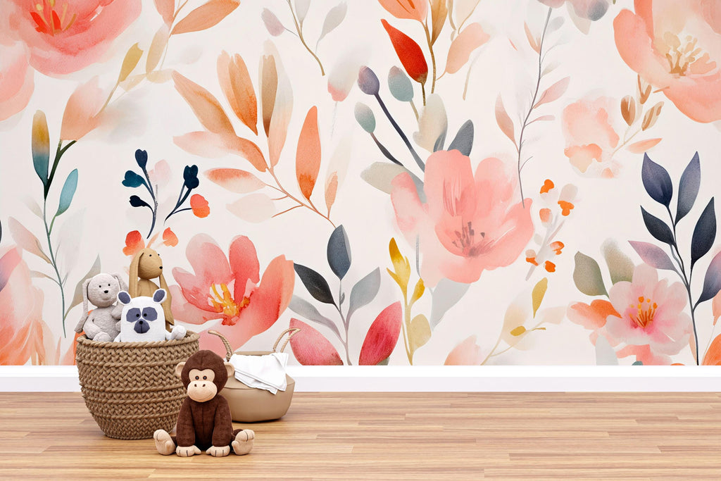 Whimsical Floral Nursery Wall Mural – Watercolor Baby Room Decor – Gender Neutral Playroom – Baby Shower Gift – Kids Room Wall Art