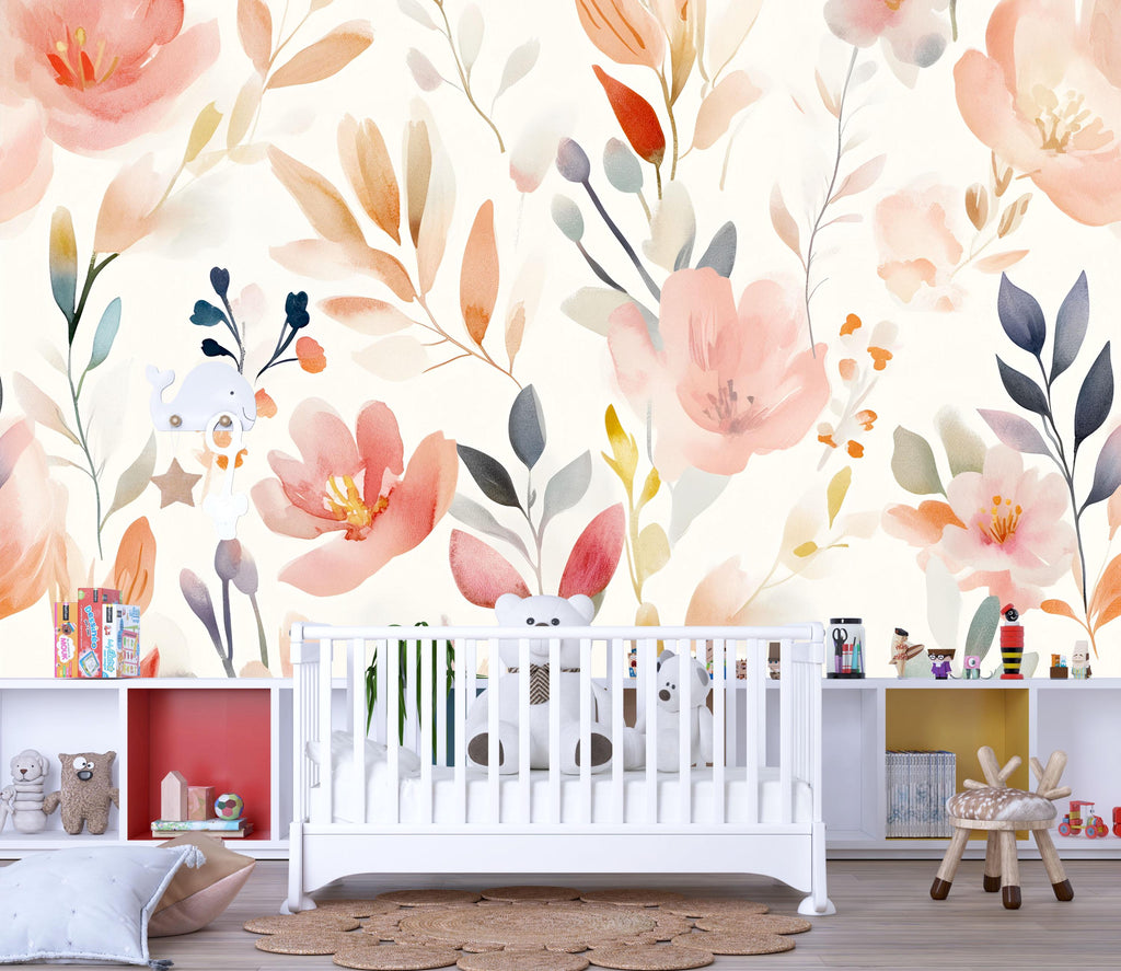 Whimsical Floral Nursery Wall Mural – Watercolor Baby Room Decor – Gender Neutral Playroom – Baby Shower Gift – Kids Room Wall Art
