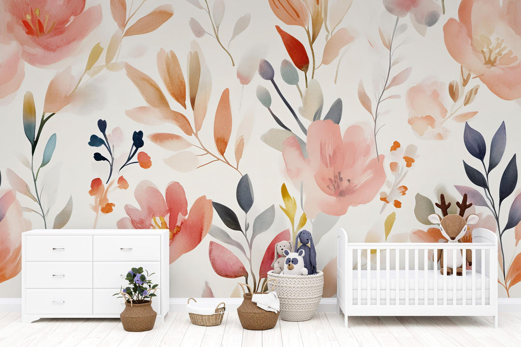 Whimsical Floral Nursery Wall Mural – Watercolor Baby Room Decor – Gender Neutral Playroom – Baby Shower Gift – Kids Room Wall Art