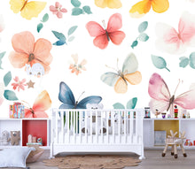 Load image into Gallery viewer, Watercolor Butterfly &amp; Floral Nursery Wall Mural – Baby Room Decor – Gender Neutral Playroom Art – Baby Shower Gift – Kids Room Wall Art