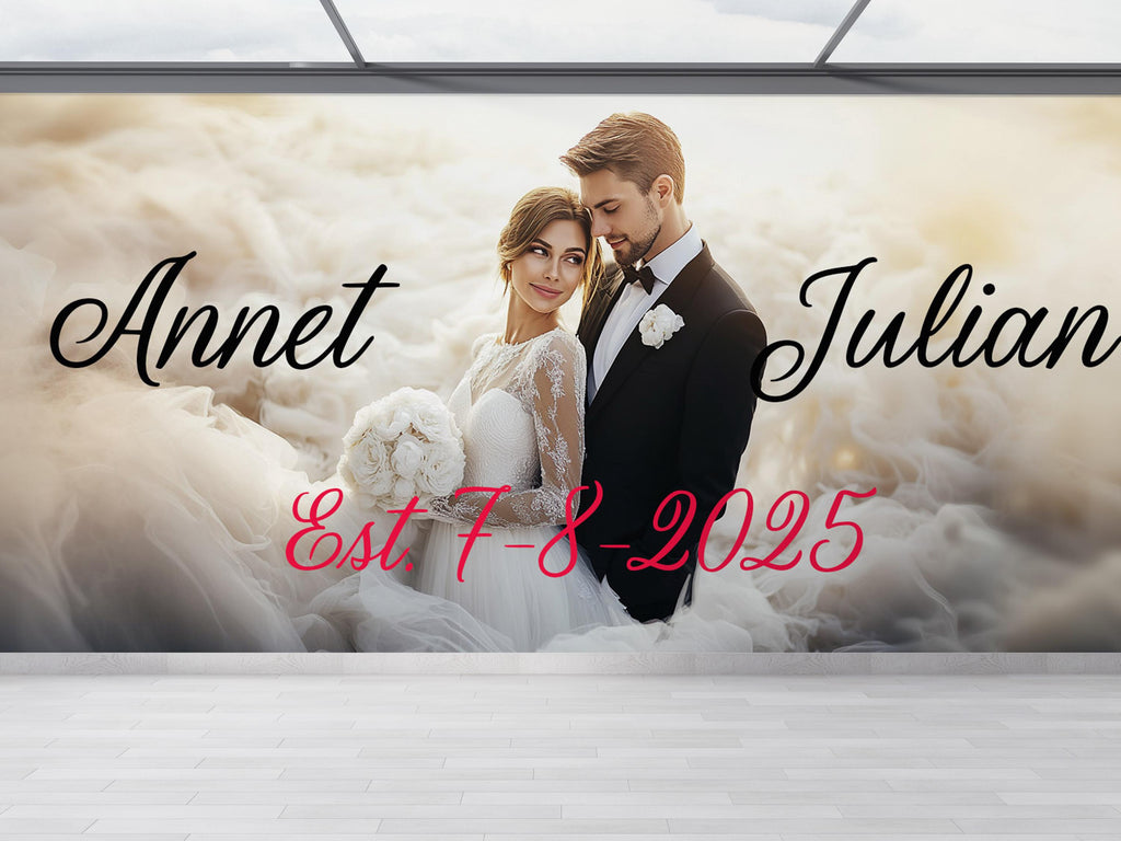 Custom Wedding Photo Mural with Names & Date | Personalized Backdrop Gift | Upload Your Photo | Elegant Couple Wall Decor