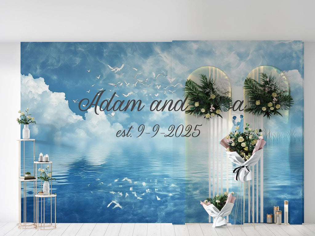Custom Wedding Name & Date Mural | Dreamy Blue Sky Backdrop | Personalized Gift for Couple | Anniversary or Engagement Photo Wall