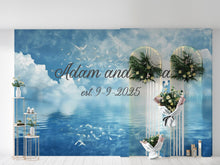 Load image into Gallery viewer, Custom Wedding Name &amp; Date Mural | Dreamy Blue Sky Backdrop | Personalized Gift for Couple | Anniversary or Engagement Photo Wall
