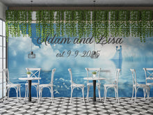 Load image into Gallery viewer, Custom Wedding Name &amp; Date Mural | Dreamy Blue Sky Backdrop | Personalized Gift for Couple | Anniversary or Engagement Photo Wall