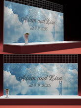 Load image into Gallery viewer, Custom Wedding Name &amp; Date Mural | Dreamy Blue Sky Backdrop | Personalized Gift for Couple | Anniversary or Engagement Photo Wall
