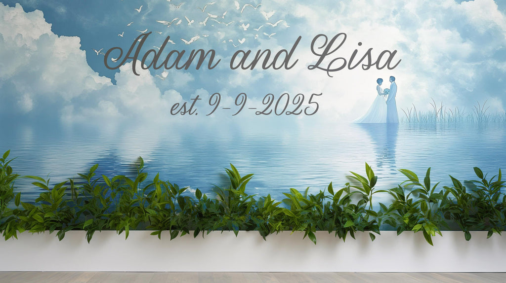 Custom Wedding Name & Date Mural | Dreamy Blue Sky Backdrop | Personalized Gift for Couple | Anniversary or Engagement Photo Wall