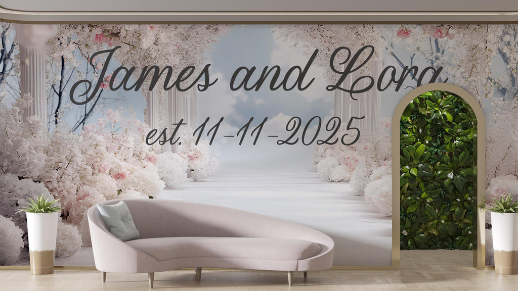Personalized Wedding Arch Backdrop | Custom Names & Date Gift | Romantic Floral Aisle Wall Mural | Bridal Shower or Anniversary Decor