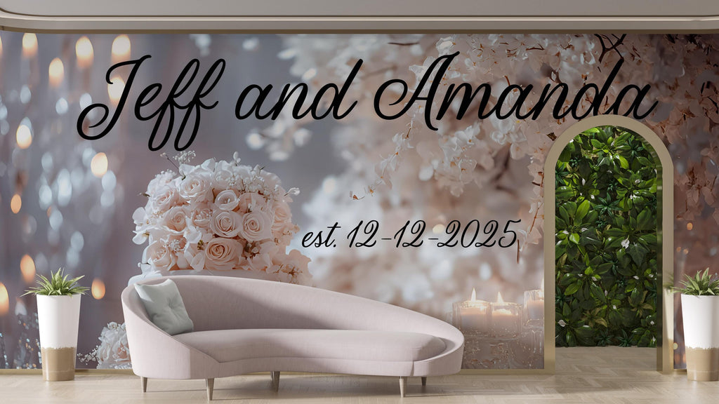 Custom Wedding Wall Mural with Names & Date | Personalized Floral Rose Candle Backdrop | Romantic Anniversary Gift for Couples