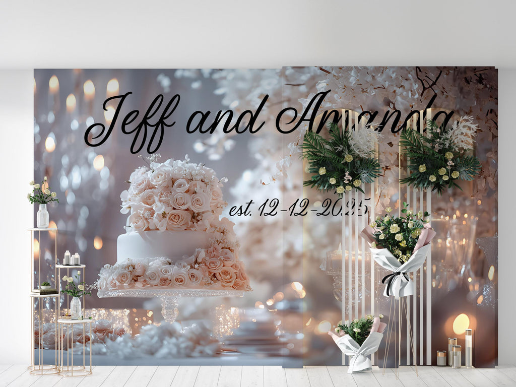 Custom Wedding Wall Mural with Names & Date | Personalized Floral Rose Candle Backdrop | Romantic Anniversary Gift for Couples
