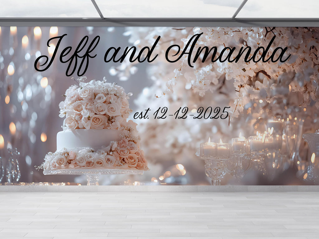 Custom Wedding Wall Mural with Names & Date | Personalized Floral Rose Candle Backdrop | Romantic Anniversary Gift for Couples