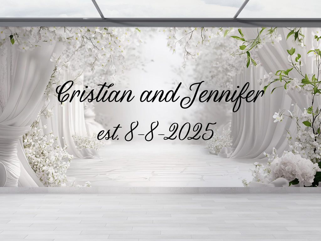 Custom Wedding Backdrop with Names & Date | White Floral Elegant Photo Wall | Personalized Wedding Gift | Est. Sign for Couples