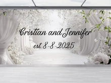 Load image into Gallery viewer, Custom Wedding Backdrop with Names &amp; Date | White Floral Elegant Photo Wall | Personalized Wedding Gift | Est. Sign for Couples