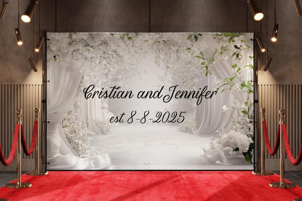 Custom Wedding Backdrop with Names & Date | White Floral Elegant Photo Wall | Personalized Wedding Gift | Est. Sign for Couples