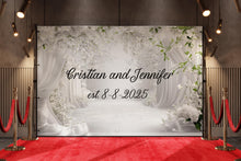 Load image into Gallery viewer, Custom Wedding Backdrop with Names &amp; Date | White Floral Elegant Photo Wall | Personalized Wedding Gift | Est. Sign for Couples