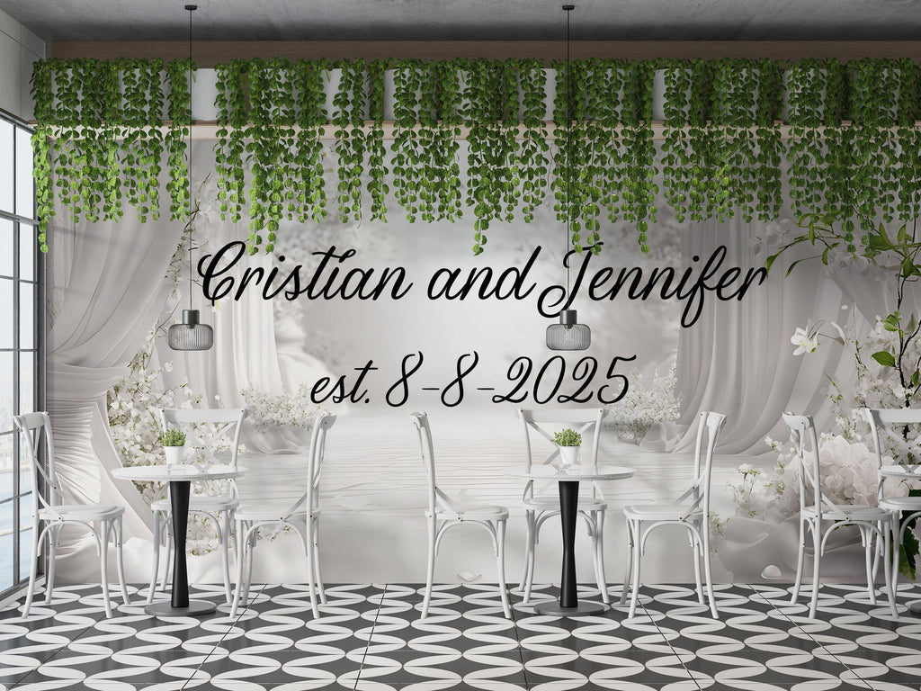 Custom Wedding Backdrop with Names & Date | White Floral Elegant Photo Wall | Personalized Wedding Gift | Est. Sign for Couples