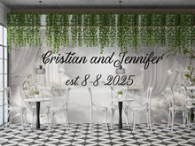 Load image into Gallery viewer, Custom Wedding Backdrop with Names &amp; Date | White Floral Elegant Photo Wall | Personalized Wedding Gift | Est. Sign for Couples
