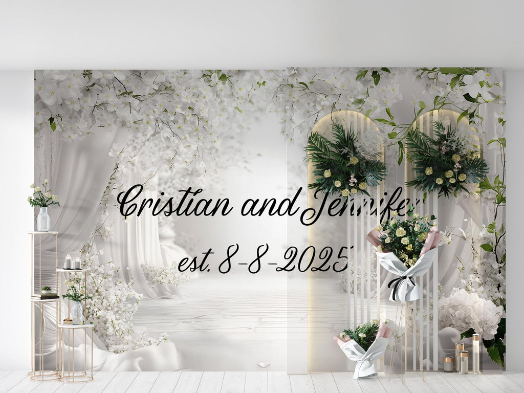 Custom Wedding Backdrop with Names & Date | White Floral Elegant Photo Wall | Personalized Wedding Gift | Est. Sign for Couples