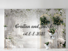 Load image into Gallery viewer, Custom Wedding Backdrop with Names &amp; Date | White Floral Elegant Photo Wall | Personalized Wedding Gift | Est. Sign for Couples