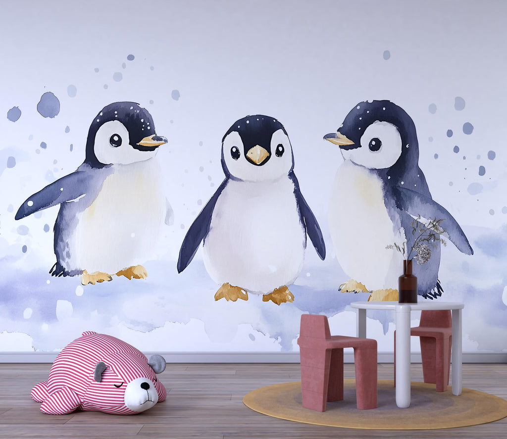 Baby Penguin Wall Mural | Arctic Nursery Wallpaper | Winter Animal Theme for Baby Room | Holiday Baby Gift | Peel and Stick or Paste