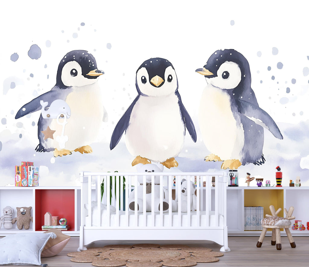 Baby Penguin Wall Mural | Arctic Nursery Wallpaper | Winter Animal Theme for Baby Room | Holiday Baby Gift | Peel and Stick or Paste