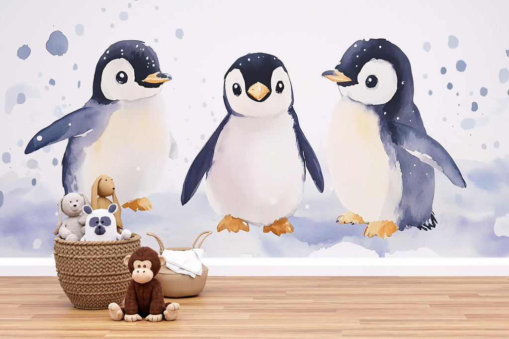 Baby Penguin Wall Mural | Arctic Nursery Wallpaper | Winter Animal Theme for Baby Room | Holiday Baby Gift | Peel and Stick or Paste
