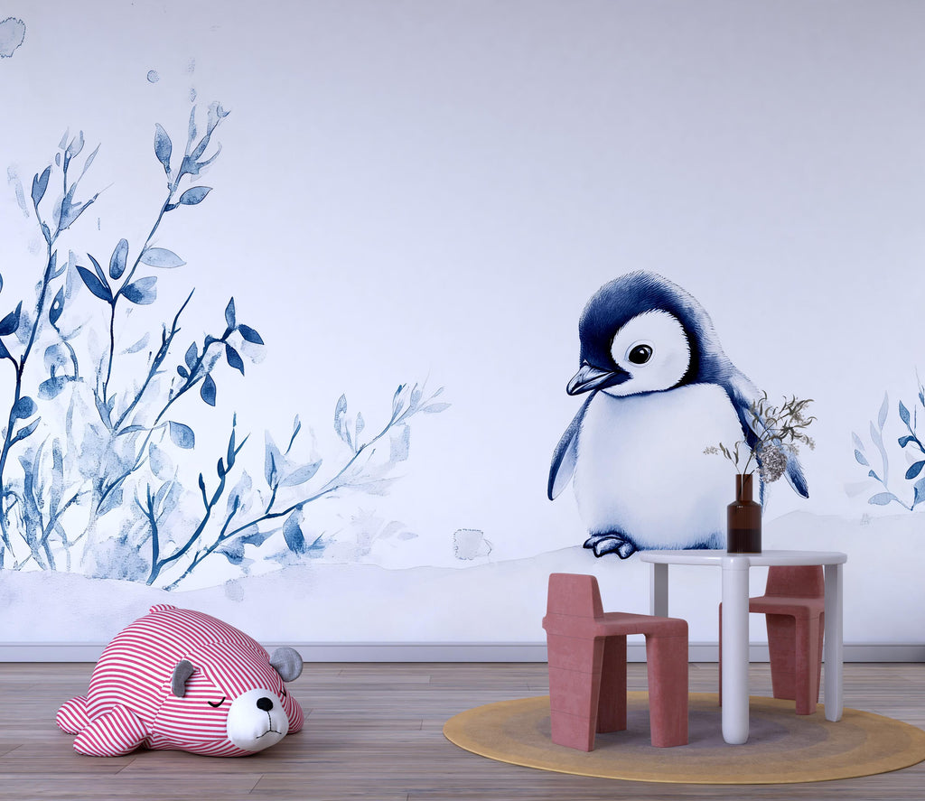 Cute Penguin Wall Mural for Baby Room | Winter Nursery Wallpaper | Holiday Baby Gift | Peel and Stick or Non-Woven Arctic Decor